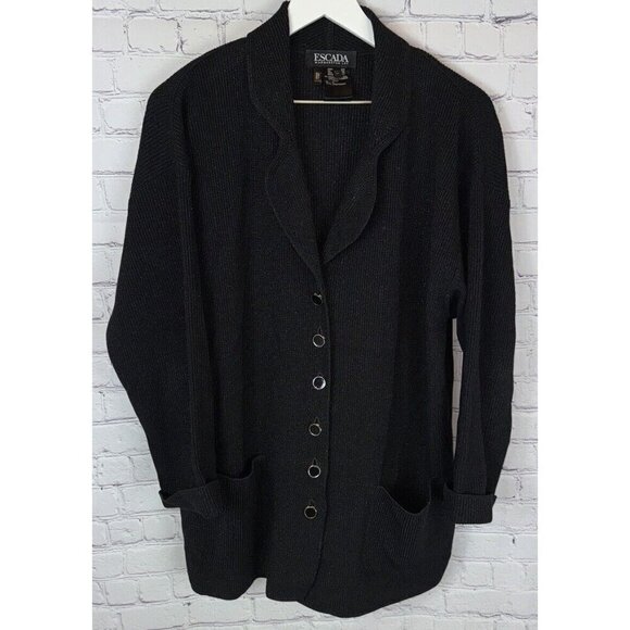 ESCADA Women’s Black Long Cardigan Wool Gold Buttons Italy Size 38/Medium - Picture 1 of 7